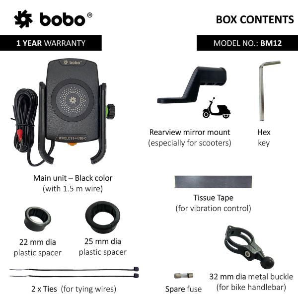 BOBO-BM12 Bike Phone Holder (with Fast 15W Wireless Charger & USB-C Input/Output Port) Motorcycle Mobile Mount-BB-BM-012-001001 BOBO GEARS