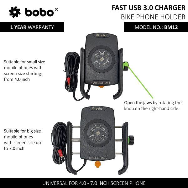 BOBO-BM12 Bike Phone Holder (with Fast 15W Wireless Charger & USB-C Input/Output Port) Motorcycle Mobile Mount-BB-BM-012-001001 BOBO GEARS