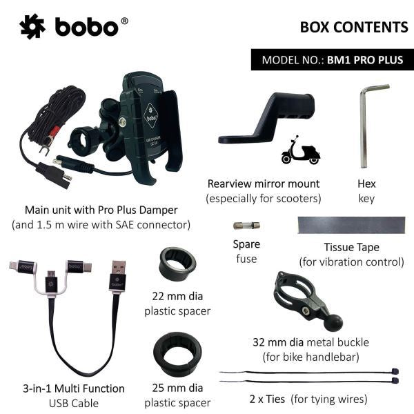 BOBO-BM1 Pro Plus Jaw-Grip Bike Phone Holder (With Pro Plus Vibration Damper, Fast USB 3.0 Charger, SAE Connector & Fast USB Cable)-BB-BM-001-021001 BOBO GEARS