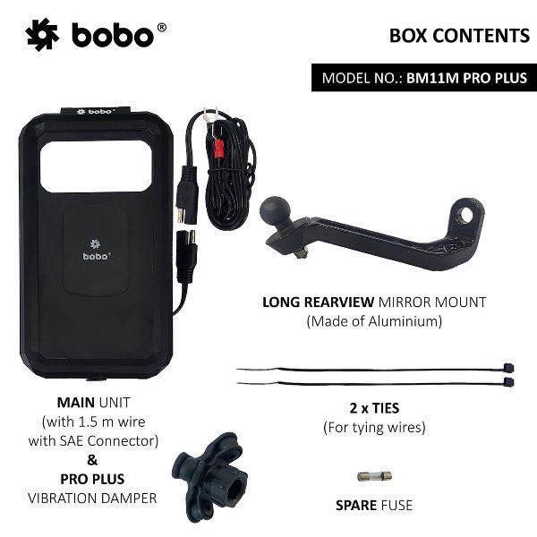 BOBO BM11M PRO PLUS Mirror Fully Waterproof Bike Phone Holder with PRO PLUS Vibration Damper (with Fast 15W Wireless Charger & USB-C Input/Output Port) Motorcycle Mobile Mount – BB-BM-011-122001 Sena