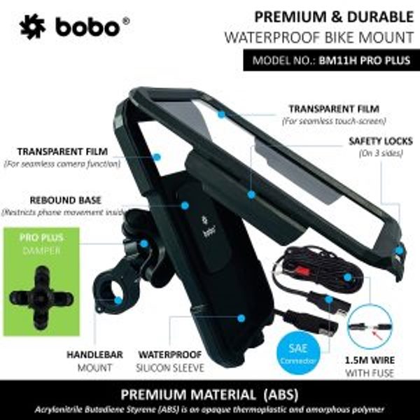 BOBO-BM11H PRO Fully Waterproof Bike Phone Holder with Vibration Controller (with Fast 15W Wireless Charger & USB-C Input/Output Port) Motorcycle Mobile Mount-BB-BM-011-111001 BOBO GEARS