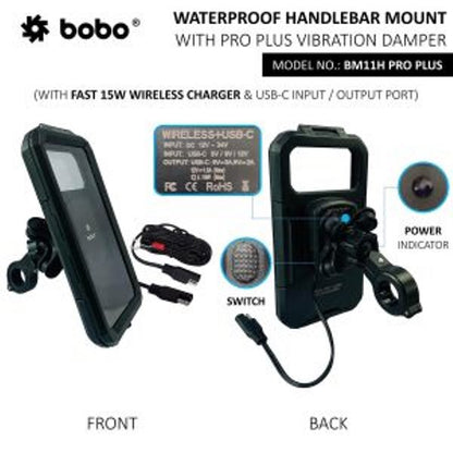 BOBO-BM11H PRO PLUS Fully Waterproof Bike Phone Holder with PRO PLUS Vibration Damper (with Fast 15W Wireless Charger USB-C Input/Output Port) Motorcycle Mobile Mount-BB-BM-011-122001 BOBO GEARS