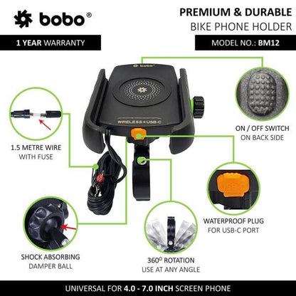 BOBO-BM12 Bike Phone Holder (with Fast 15W Wireless Charger & USB-C Input/Output Port) Motorcycle Mobile Mount-BB-BM-012-001001 BOBO GEARS