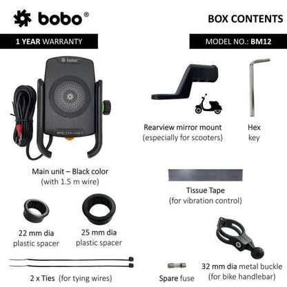 BOBO-BM12 Bike Phone Holder (with Fast 15W Wireless Charger & USB-C Input/Output Port) Motorcycle Mobile Mount-BB-BM-012-001001 BOBO GEARS