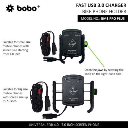 BOBO-BM1 Pro Plus Jaw-Grip Bike Phone Holder (With Pro Plus Vibration Damper, Fast USB 3.0 Charger, SAE Connector & Fast USB Cable)-BB-BM-001-021001 BOBO GEARS