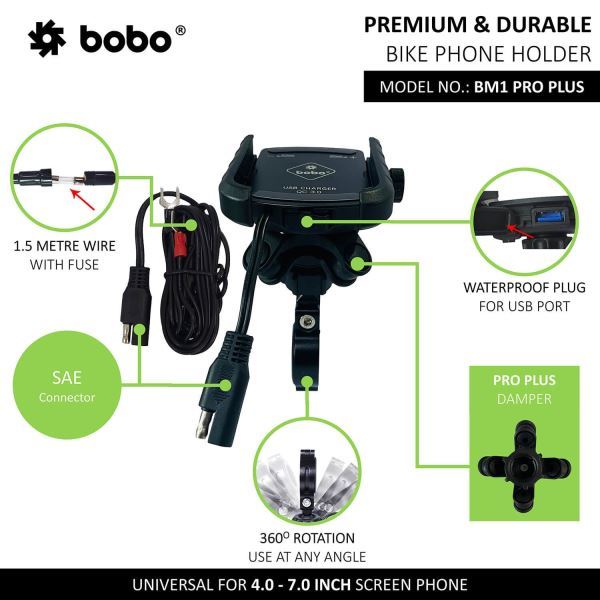 BOBO-BM1 Pro Plus Jaw-Grip Bike Phone Holder (With Pro Plus Vibration Damper, Fast USB 3.0 Charger, SAE Connector & Fast USB Cable)-BB-BM-001-021001 BOBO GEARS