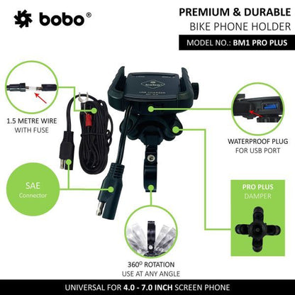BOBO-BM1 Pro Plus Jaw-Grip Bike Phone Holder (With Pro Plus Vibration Damper, Fast USB 3.0 Charger, SAE Connector & Fast USB Cable)-BB-BM-001-021001 BOBO GEARS