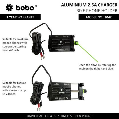 BOBO-BM2 Claw-Grip Aluminium Bike Phone Holder (With 2.5A USB charger) Motorcycle Mobile Mount (Blue)-BB-BM-002-001003 BOBO GEARS