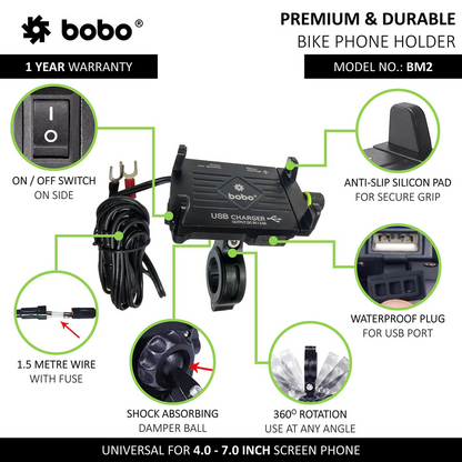 BOBO-BM2 Claw-Grip Aluminium Bike Phone Holder (With 2.5A USB charger) Motorcycle Mobile Mount (Blue)-BB-BM-002-001003 BOBO GEARS