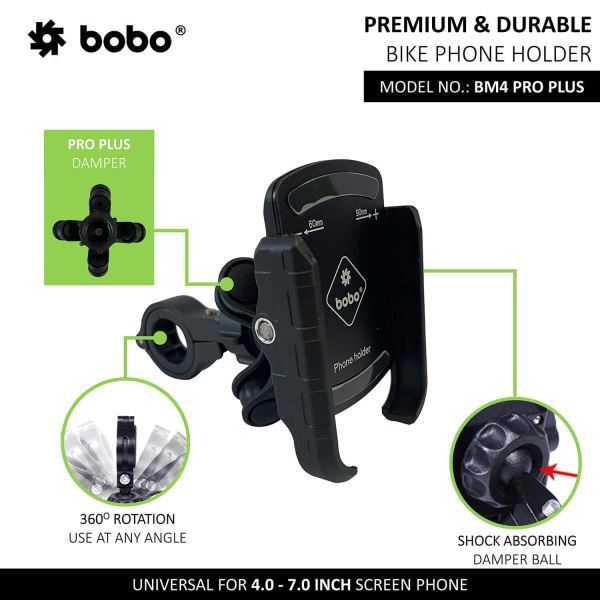 BOBO-BM4 Pro Plus Jaw-Grip Bike Phone Holder with Pro Plus Vibration Damper Motorcycle Mobile Mount-BB-BM-004-021001 BOBO GEARS