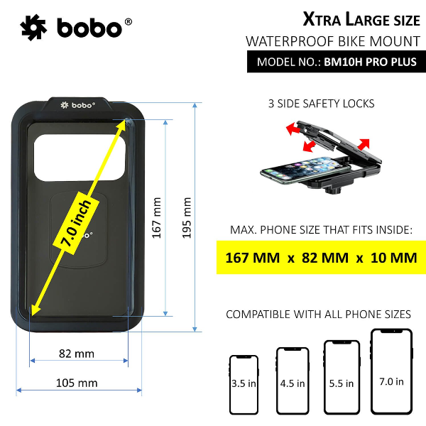 BOBO BM10M Pro Plus Fully Waterproof Bike / Cycle Phone Holder With Pro Plus Vibration Damper Motorcycle Mobile Mount Long Rearview Mirror Attachment-BB-BM-010-122001 BOBO GEARS