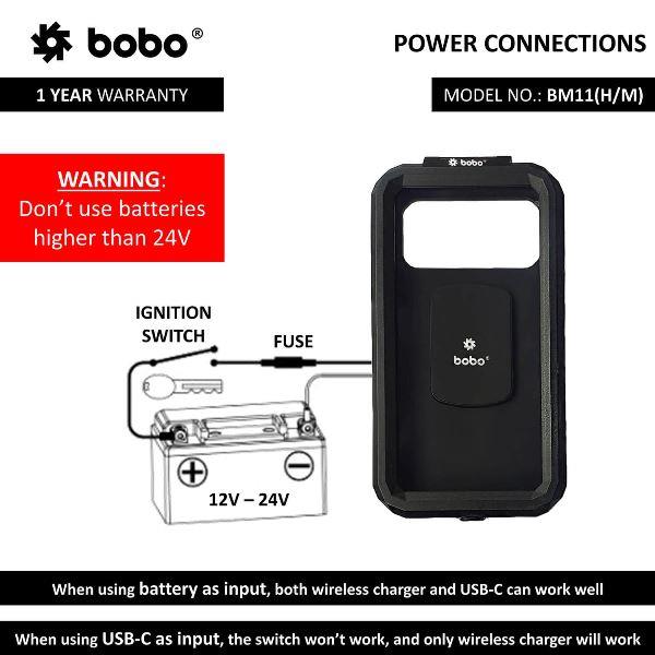 BOBO BM11 Fully Waterproof Bike Phone Holder with Fast 15W Wireless Charger & USB-C Input/Output Port Motorcycle Mobile Mount-BB-BM-011-101001 BOBO GEARS