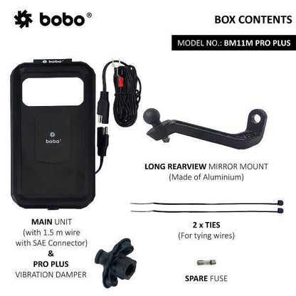 BOBO BM11M PRO PLUS Mirror Fully Waterproof Bike Phone Holder with PRO PLUS Vibration Damper (with Fast 15W Wireless Charger & USB-C Input/Output Port) Motorcycle Mobile Mount – BB-BM-011-122001 Sena