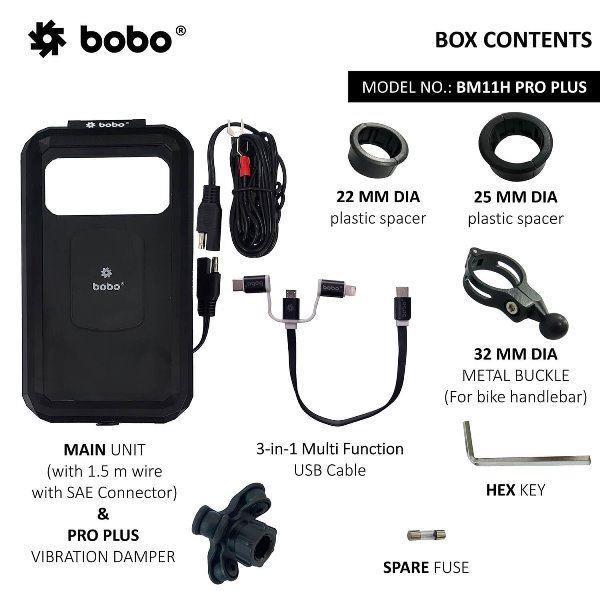 BOBO BM11M PRO PLUS Mirror Fully Waterproof Bike Phone Holder with PRO PLUS Vibration Damper (with Fast 15W Wireless Charger & USB-C Input/Output Port) Motorcycle Mobile Mount – BB-BM-011-122001 Sena