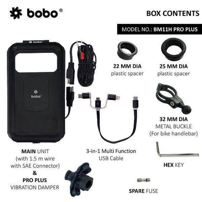 BOBO BM11M PRO PLUS Mirror Fully Waterproof Bike Phone Holder with PRO PLUS Vibration Damper (with Fast 15W Wireless Charger & USB-C Input/Output Port) Motorcycle Mobile Mount – BB-BM-011-122001 Sena