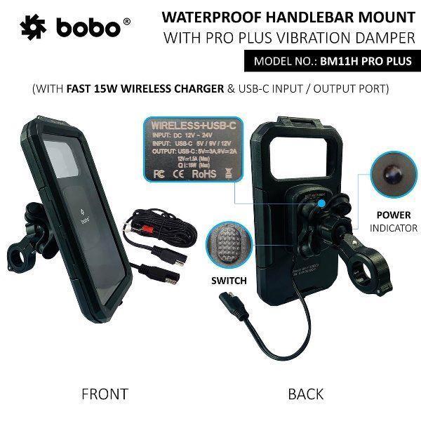 BOBO BM11M PRO PLUS Mirror Fully Waterproof Bike Phone Holder with PRO PLUS Vibration Damper (with Fast 15W Wireless Charger & USB-C Input/Output Port) Motorcycle Mobile Mount – BB-BM-011-122001 Sena