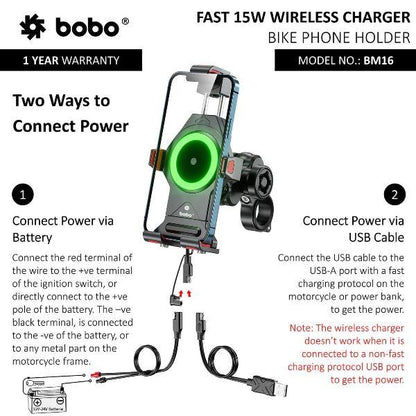 BOBO BM16 Anti-Vibration Metallic Bike Phone Holder (with Fast 15W Wireless Charger) Motorcycle Mobile Mount-BB-BM-016-001001 BOBO GEARS
