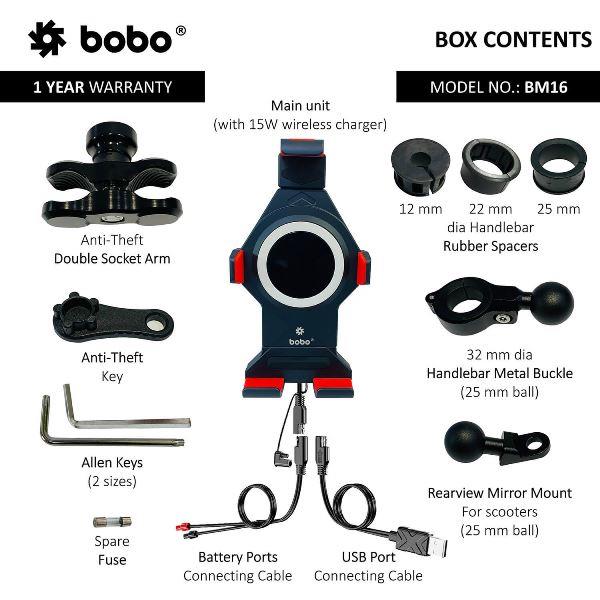 BOBO BM16 Anti-Vibration Metallic Bike Phone Holder (with Fast 15W Wireless Charger) Motorcycle Mobile Mount-BB-BM-016-001001 BOBO GEARS