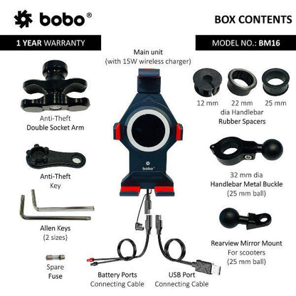 BOBO BM16 Anti-Vibration Metallic Bike Phone Holder (with Fast 15W Wireless Charger) Motorcycle Mobile Mount-BB-BM-016-001001 BOBO GEARS