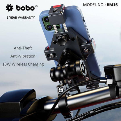 BOBO BM16 Anti-Vibration Metallic Bike Phone Holder (with Fast 15W Wireless Charger) Motorcycle Mobile Mount-BB-BM-016-001001 BOBO GEARS