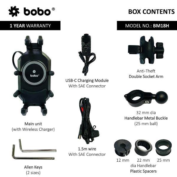 BOBO BM18H Handlebar (or Mirror) Anti-Vibration Bike Phone Holder (with Fast 15W Wireless Charger USB-C Charging Module) Motorcycle Mobile Mount-BB-BM-018-101001 BOBO GEARS