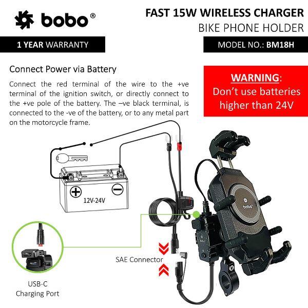 BOBO BM18H Handlebar (or Mirror) Anti-Vibration Bike Phone Holder (with Fast 15W Wireless Charger USB-C Charging Module) Motorcycle Mobile Mount-BB-BM-018-101001 BOBO GEARS