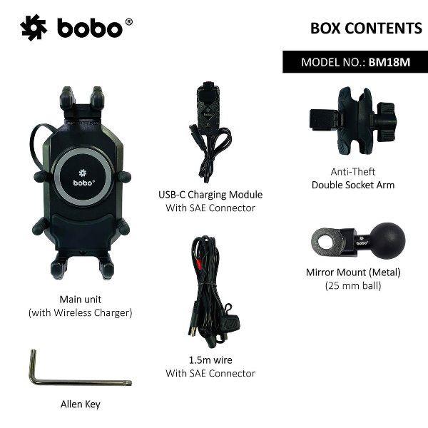 BOBO BM18H PRO Mirror Anti-Vibration Bike Phone Holder (with Fast 15W Wireless Charger & USB-C Charging Module) Motorcycle Mobile Mount – BB-BM-018-102001 BOBO GEARS