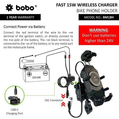 BOBO BM18H PRO Mirror Anti-Vibration Bike Phone Holder (with Fast 15W Wireless Charger & USB-C Charging Module) Motorcycle Mobile Mount – BB-BM-018-102001 BOBO GEARS