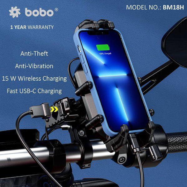 BOBO BM18H PRO Mirror Anti-Vibration Bike Phone Holder (with Fast 15W Wireless Charger & USB-C Charging Module) Motorcycle Mobile Mount – BB-BM-018-102001 BOBO GEARS