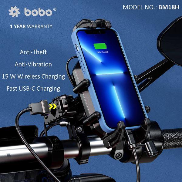 BOBO BM18M PRO Handlebar (or Mirror) Anti-Vibration Bike Phone Holder (with Fast 15W Wireless Charger USB-C Charging Module) Motorcycle Mobile Mount-BB-BM-018-102001 BOBO GEARS