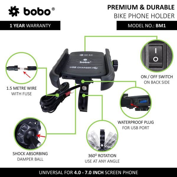 BOBO-BM1 Jaw-Grip Bike Phone Holder (with fast USB 3.0 charger) Motorcycle Mobile Mount (Red)-BB-BM-001-001002 BOBO GEARS