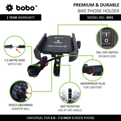 BOBO-BM1 Jaw-Grip Bike Phone Holder (with fast USB 3.0 charger) Motorcycle Mobile Mount (Red)-BB-BM-001-001002 BOBO GEARS