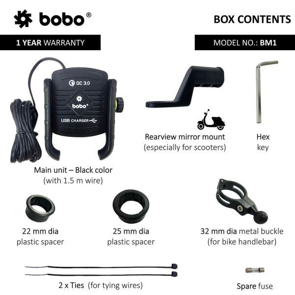 BOBO-BM1 Jaw-Grip Bike Phone Holder (with fast USB 3.0 charger) Motorcycle Mobile Mount (Red)-BB-BM-001-001002 BOBO GEARS