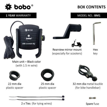 BOBO-BM1 Jaw-Grip Bike Phone Holder (with fast USB 3.0 charger) Motorcycle Mobile Mount (Red)-BB-BM-001-001002 BOBO GEARS