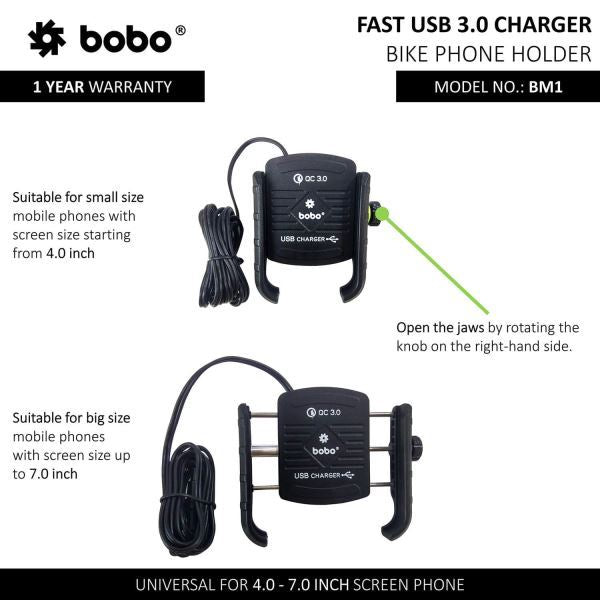BOBO-BM1 Jaw-Grip Bike Phone Holder (with fast USB 3.0 charger) Motorcycle Mobile Mount (Red)-BB-BM-001-001002 BOBO GEARS