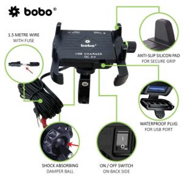 BOBO-BM5 Claw-Grip Aluminium Bike Phone Holder (With Fast USB 3.0 Charger) Motorcycle Mobile Mount (Blue)-BB-BM-005-001003 BOBO GEARS