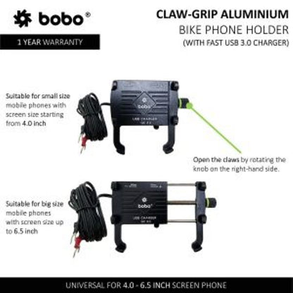 BOBO BM5 Claw-Grip Aluminium Bike Phone Holder (With Fast USB 3.0 Charger) Motorcycle Mobile Mount (Silver)-BB-BM-005-001004 BOBO GEARS