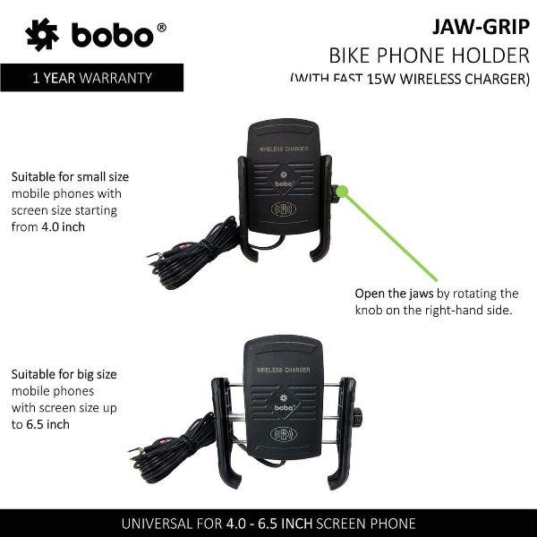BOBO BM6 Jaw-Grip Bike Phone Holder (with Fast 15W Wireless Charger) Motorcycle Mobile Mount (Silver)- BB-BM-006-001004 BOBO GEARS