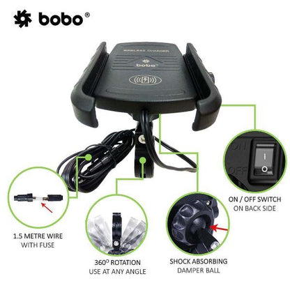 BOBO BM6 Jaw-Grip Bike Phone Holder (with Fast 15W Wireless Charger) Motorcycle Mobile Mount (Silver)- BB-BM-006-001004 BOBO GEARS