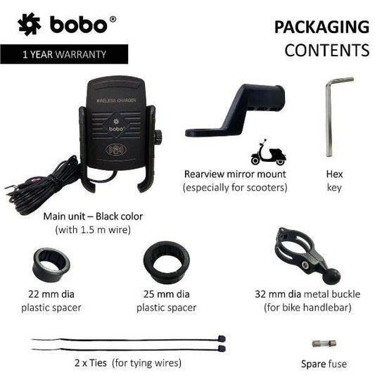 BOBO BM6 Jaw-Grip Bike Phone Holder (with Fast 15W Wireless Charger) Motorcycle Mobile Mount (Black)-BB-BM-006-001001 BOBO GEARS