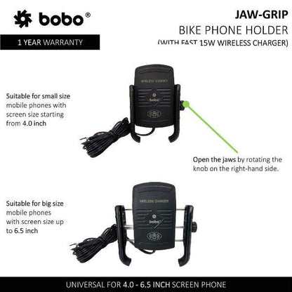 BOBO BM6 Jaw-Grip Bike Phone Holder (with Fast 15W Wireless Charger) Motorcycle Mobile Mount (Black)-BB-BM-006-001001 BOBO GEARS