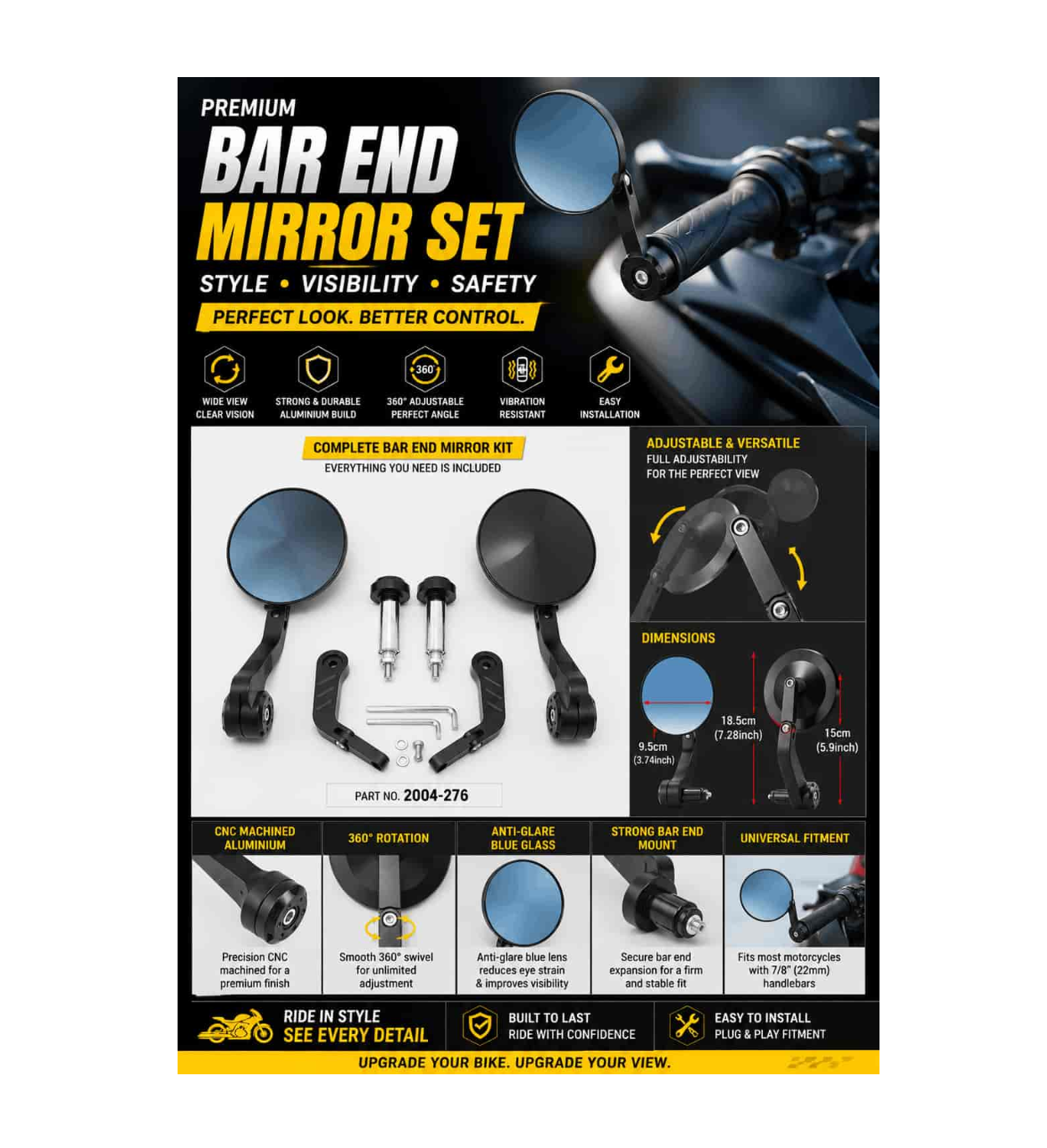 Imported Universal CNC Bar-End Mirror Set (Round) | 360 Adjustable | Blue Anti-Glare Lens - (2004-276) Imported